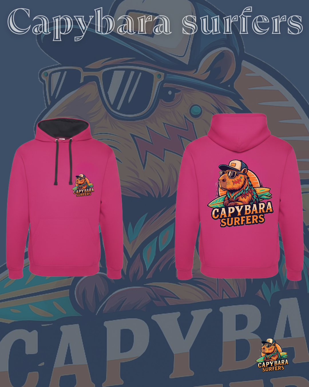 Hoodie Original Capybara Surfers ® - Fucsia / Blue Navy