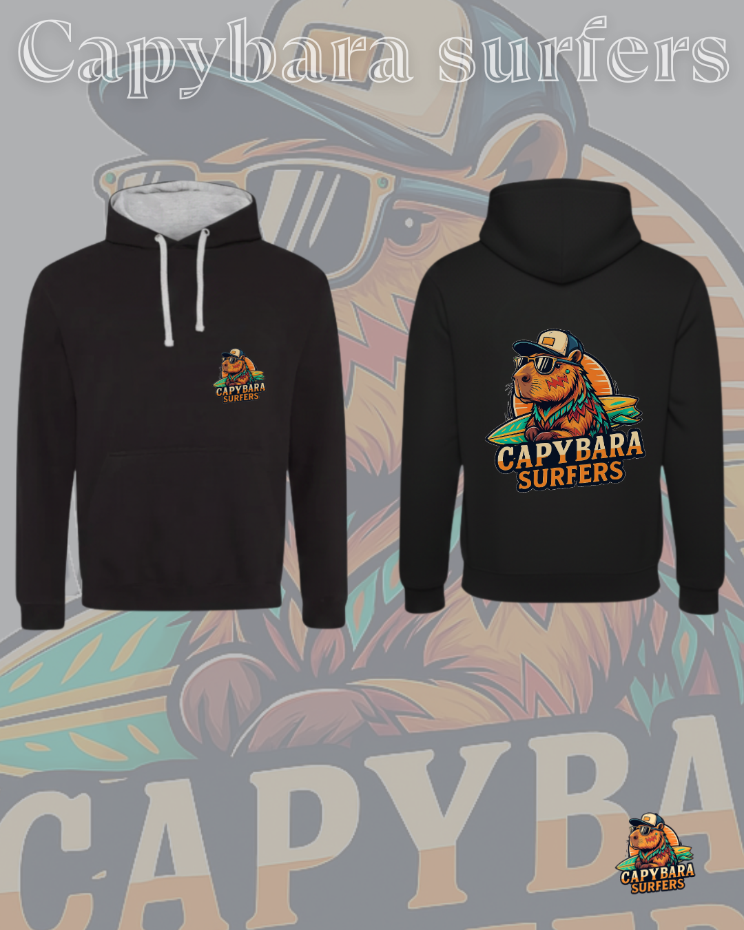 Hoodie Original Capybara Surfers ® - Nero / Grey