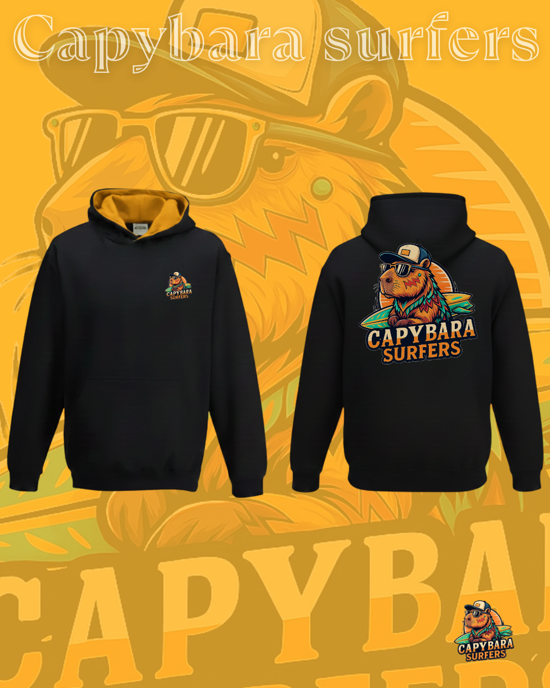 Hoodie KIDS Original Capybara Surfers ® - Nero / Giallo oro