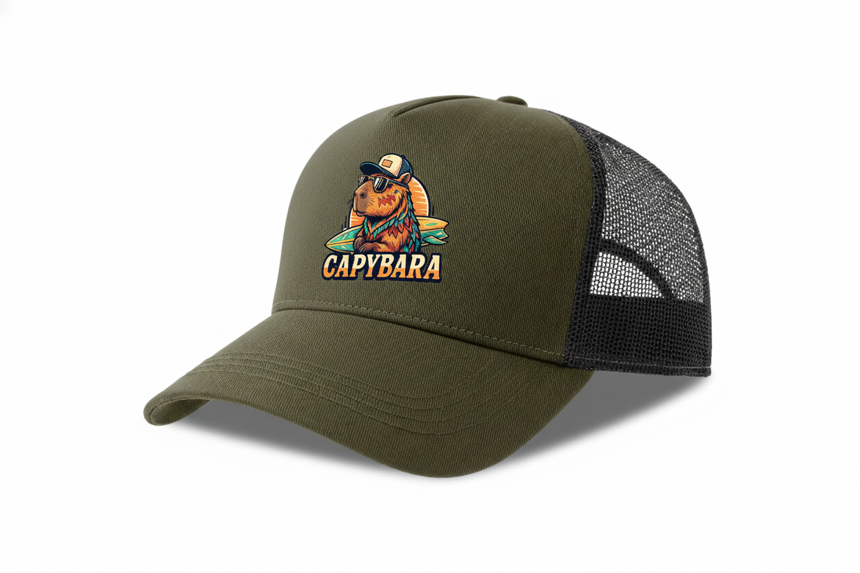 Cap Trucker Original Capybara Surfers ® - Verde Olive / Nero
