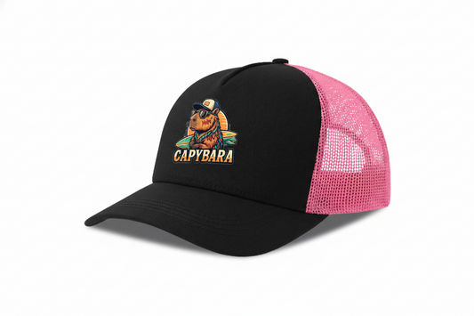 Cap Trucker Original Capybara Surfers ® - Nero / Fucsia