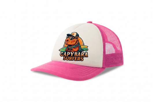 Cap KIDS Trucker Original Capybara Surfers ® - Bianco /Rosa
