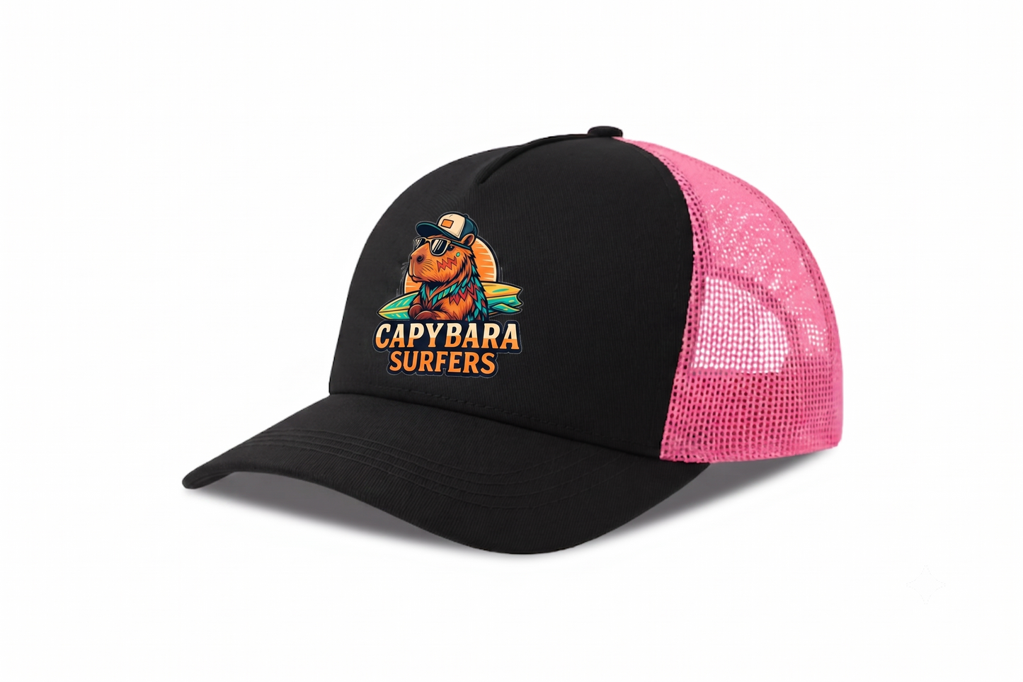 Cap Trucker Original Capybara Surfers ® - Nero / Fucsia